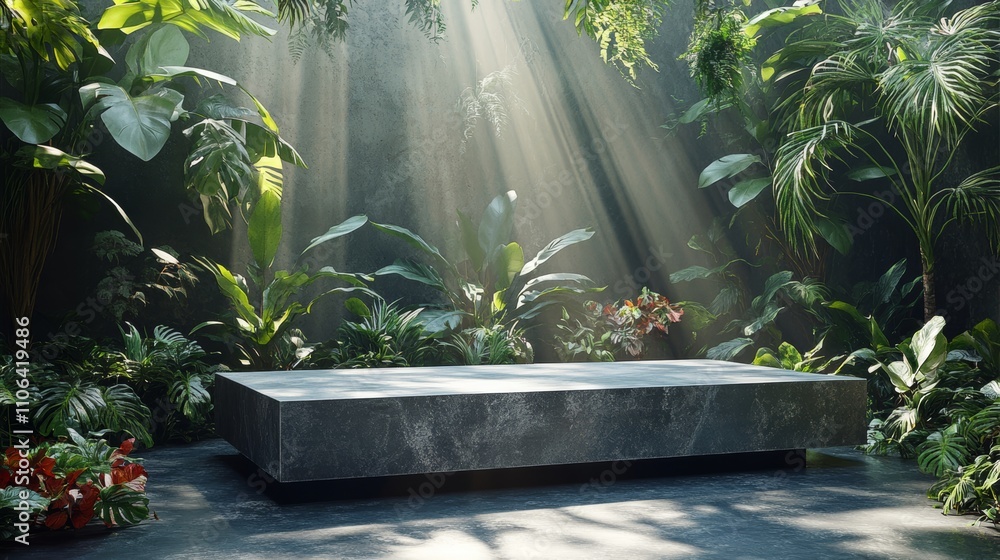 Poster a stone platform surrounded by lush greenery in a jungle setting with sunlight streaming through the
