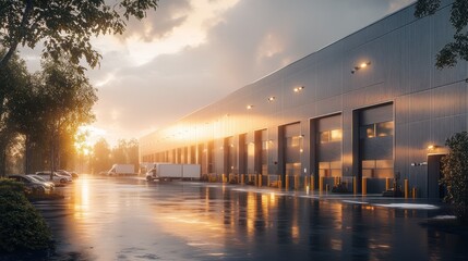 Fototapeta premium Golden Hour at the Distribution Center: A Modern Logistics Hub at Sunset