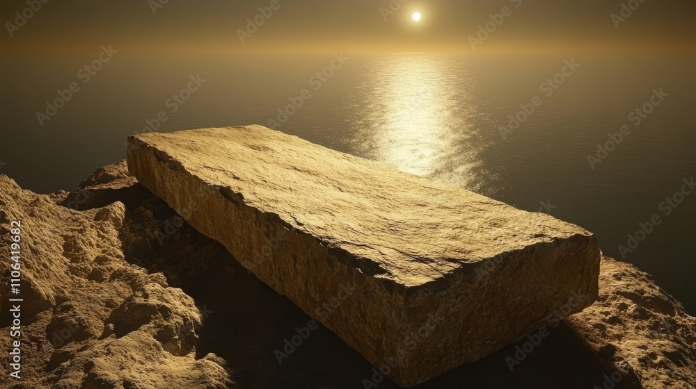Poster a stone slab sits precariously on the edge of a cliff overlooking the ocean with a setting sun in th