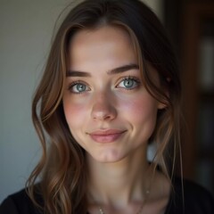 Fototapeta premium A joyful Russian woman showcases her bright smile while sitting indoors. Her warm expression captures the essence of happiness and positivity in a relaxed setting. Brown hair, grey eyes. Generative AI