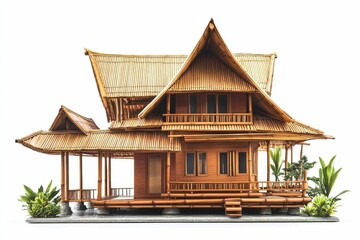 Naklejka premium Bamboo model house, tropical plants, detailed craftsmanship.