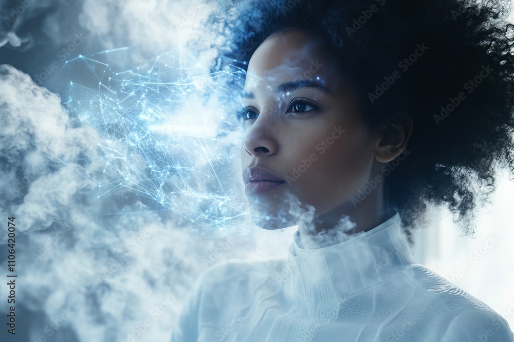 Poster in an office environment, a black woman engages with a futuristic graphical user interface, embodyin