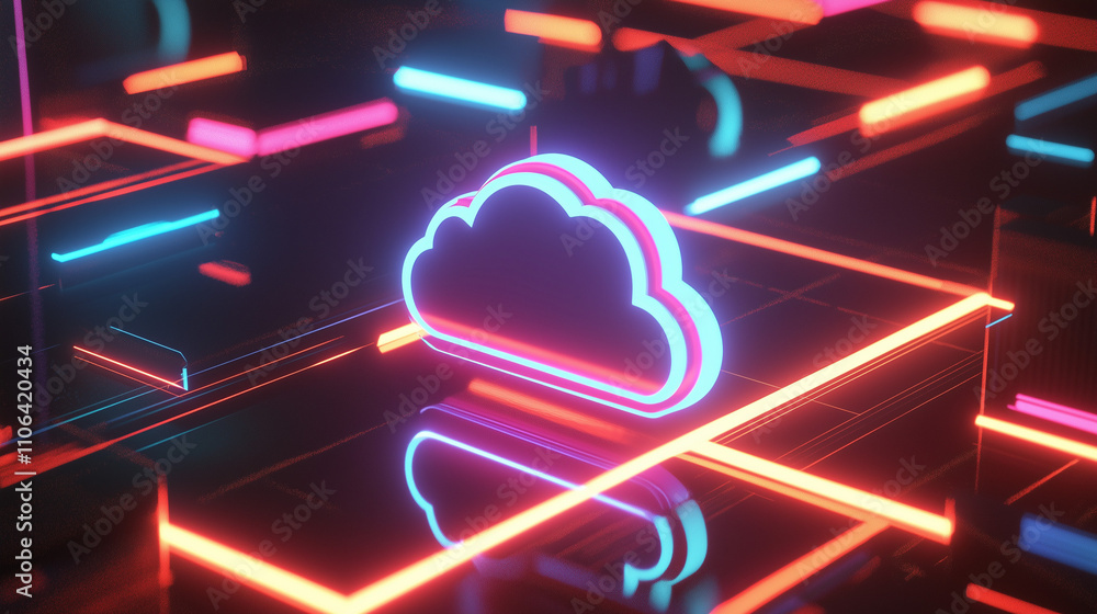 Poster a stylized 3d rendering depicts a neon cloud symbol on a grid of glowing lines, representing a digit