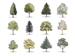Kreative Illustrationen verschiedener Baumarten