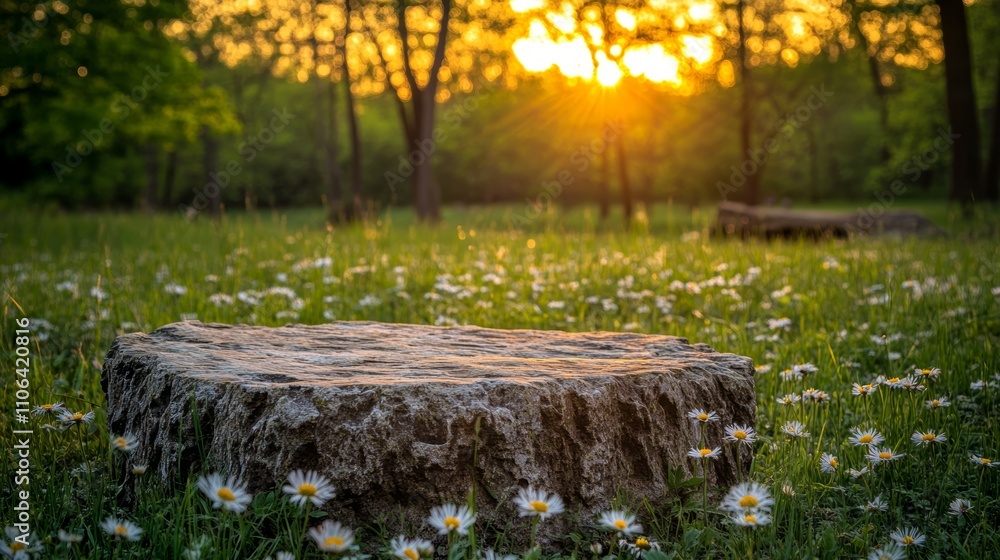 Poster a tree stump in a field of daisies with the sunset shining through the trees in the background.