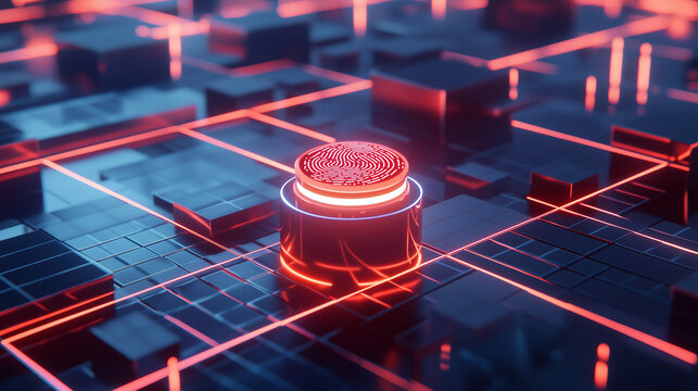 A futuristic digital fingerprint authentication system is depicted. A glowing red fingerprint sits atop a dark cylinder within a complex network of red and blue lines on a digital surface