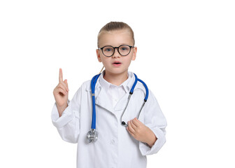 Little girl with stethoscope pretending to be doctor on white background. Dreaming of future profession