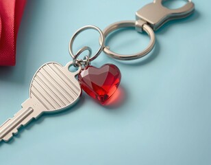 Heart-Shaped Keychain with Key on Light Blue Background