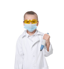 Little girl with protective mask and micropipette pretending to be doctor on white background....