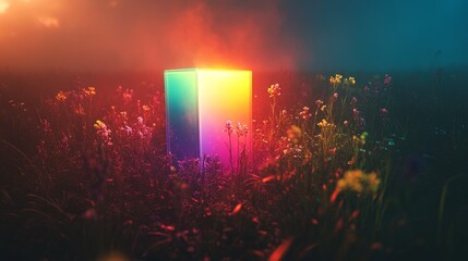Fototapeta premium A vibrant, iridescent cube stands in a field of wildflowers, illuminated by a warm, ethereal glow. The surrounding atmosphere is filled with a sense of mystery and wonder.