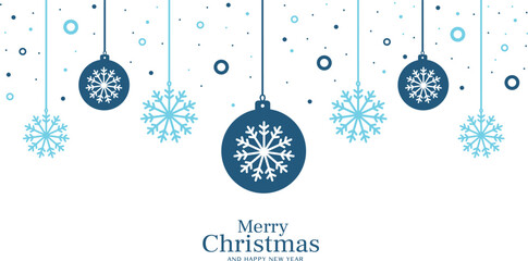 A simple christmas graphic design featuring hanging blue ornaments and snowflakes for creating invitations, greetings, and social media posts.