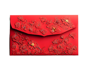 A beautifully crafted red envelope adorned with embossed floral designs, perfect for invitations or special occasions, displayed on a white isolated background.