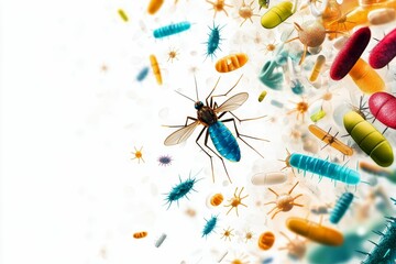 Obraz premium Mosquito, microbes, and medicine float amidst white space.