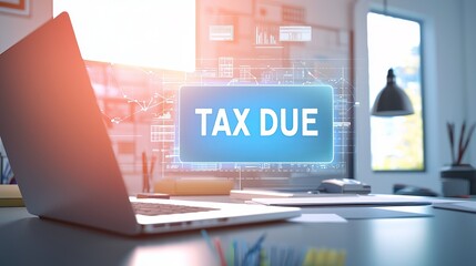 Computer showing 'Tax Due' notification in a modern office setting with bright natural light.