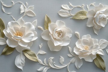 Real gardenias on a soft gray background, with delicate raised leaf and floral patterns for an elegant finish.