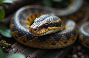 Obraz premium Colorful snake resting on wooden surface surrounded by greenery in natural habitat