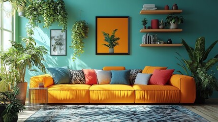 Sunlit living room with orange sofa, teal walls, and abundant plants.