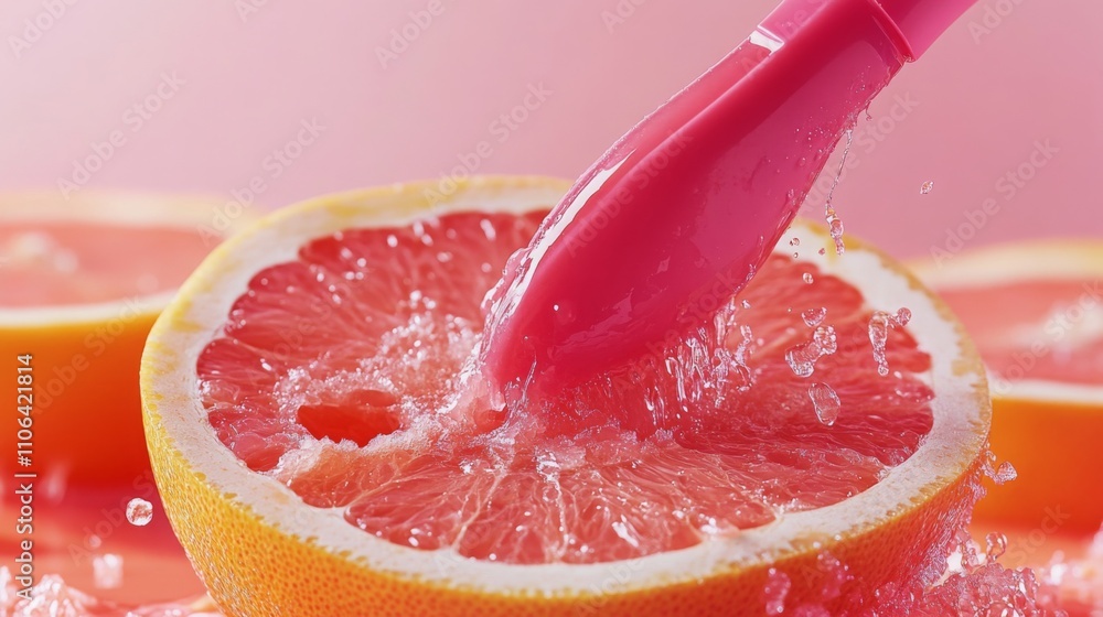 Poster bright grapefruit halves are splashing in water as a pink utensil is used to extract juice. the live