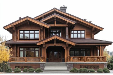 Obraz premium Large wooden house, intricate detailing, autumn landscaping.