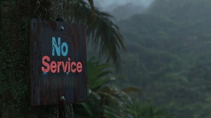 A weathered sign reading 'No Service' hangs on a tree amidst a tropical rainstorm.