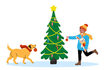 Celebrating the joy of decorating a Christmas tree with a pet dog during winter festivities