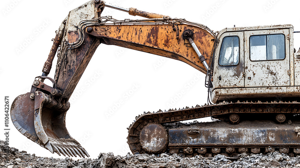 Poster a crawler excavator is shown isolated on a white background, featuring a close-up of the powerful ma