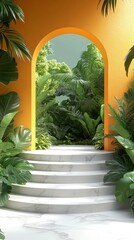 A white marble staircase leads up to an arched doorway in a yellow wall, surrounded by lush tropical greenery.