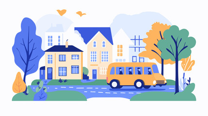 Urban City Street with School Building and Yellow Bus for Students