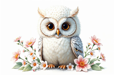 Obraz premium Cute white owl surrounded by colorful flowers in a whimsical and vibrant illustration
