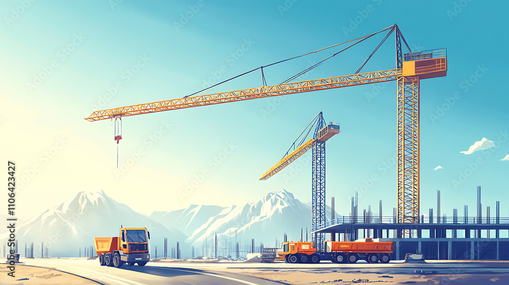 Poster a mobile crane navigating a road and a tower crane positioned at a construction site