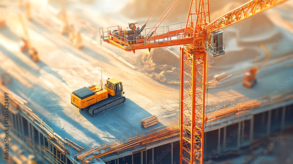 Poster a mobile crane navigating a road and a tower crane positioned at a construction site