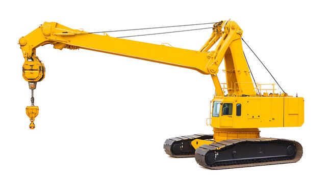 A yellow hoisting crane isolated against a white background