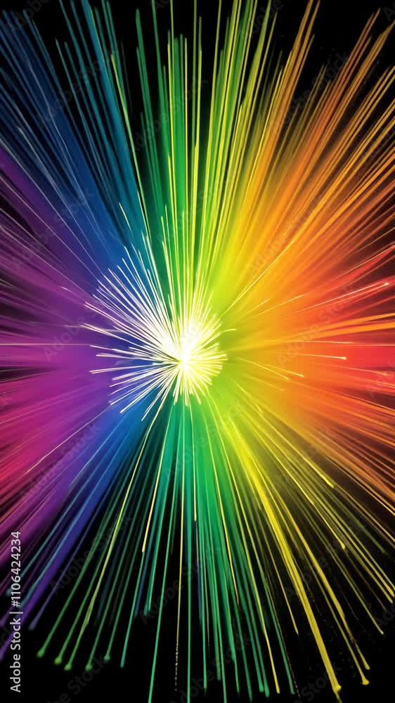 Poster colorful explosion of light radiates from a central point creating vibrant rays in a dark background