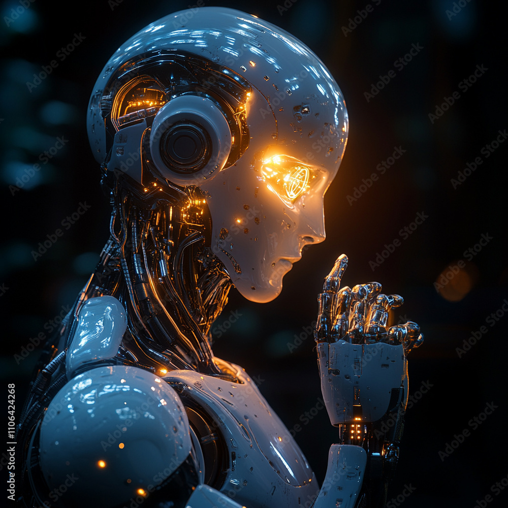 Poster ai-generated robot contemplating existence futuristic lab digital artwork sci-fi environment close-u