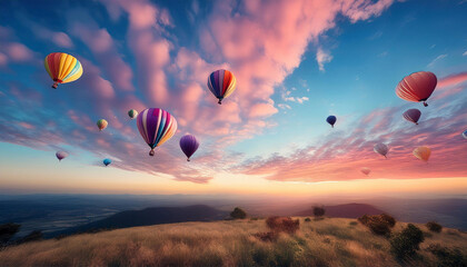 Obraz premium A Whimsical Morning Sky with RainbowTinted Clouds and Floating Balloons Cheerful Pastels and Multicolors