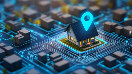 A digital illustration displays a small house surrounded by a network of glowing lines, showcasing the integration of artificial intelligence in real estate.