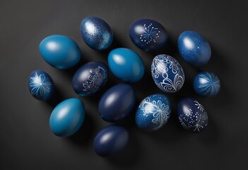 Hand-Painted Blue Easter Eggs on a Dark Backdrop: A Stylish Minimalist Spring Composition