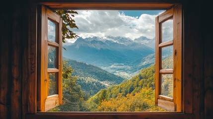 Mountain view seen through open wooden window.