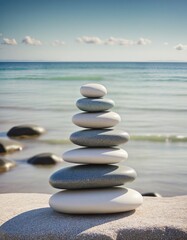 Tranquil Balance: A Serene Pyramid of Zen Stones on a Peaceful Seascape for Meditation and Harmony