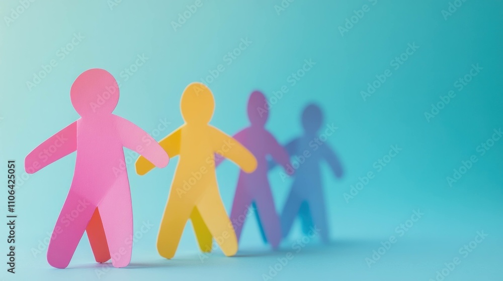 Poster colorful paper cutouts of diverse people holding hands, representing unity and teamwork with a soft 