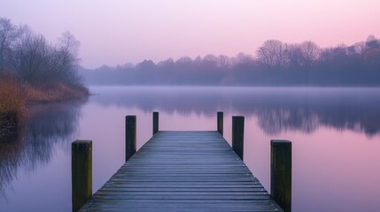 Naklejka premium A wooden pier stretches out over a still lake at dawn, with mist rising from the water and a pink sky above.