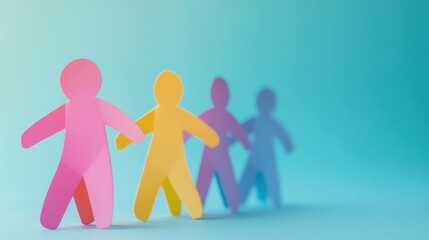Colorful paper cutouts of diverse people holding hands, representing unity and teamwork with a soft gradient background. Community and collaboration concept.