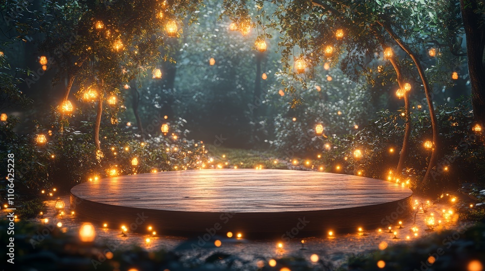 Poster a wooden platform in a magical forest setting with warm glowing lights surrounding it.