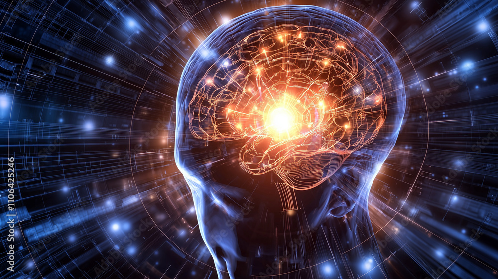 Poster a stylized human head with a glowing, interconnected neural network brain, set against a swirling di