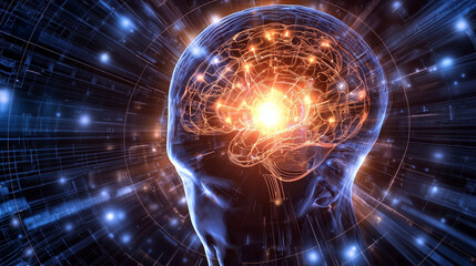 Obraz premium A stylized human head with a glowing, interconnected neural network brain, set against a swirling digital backdrop. Represents AI, cognition, and data processing
