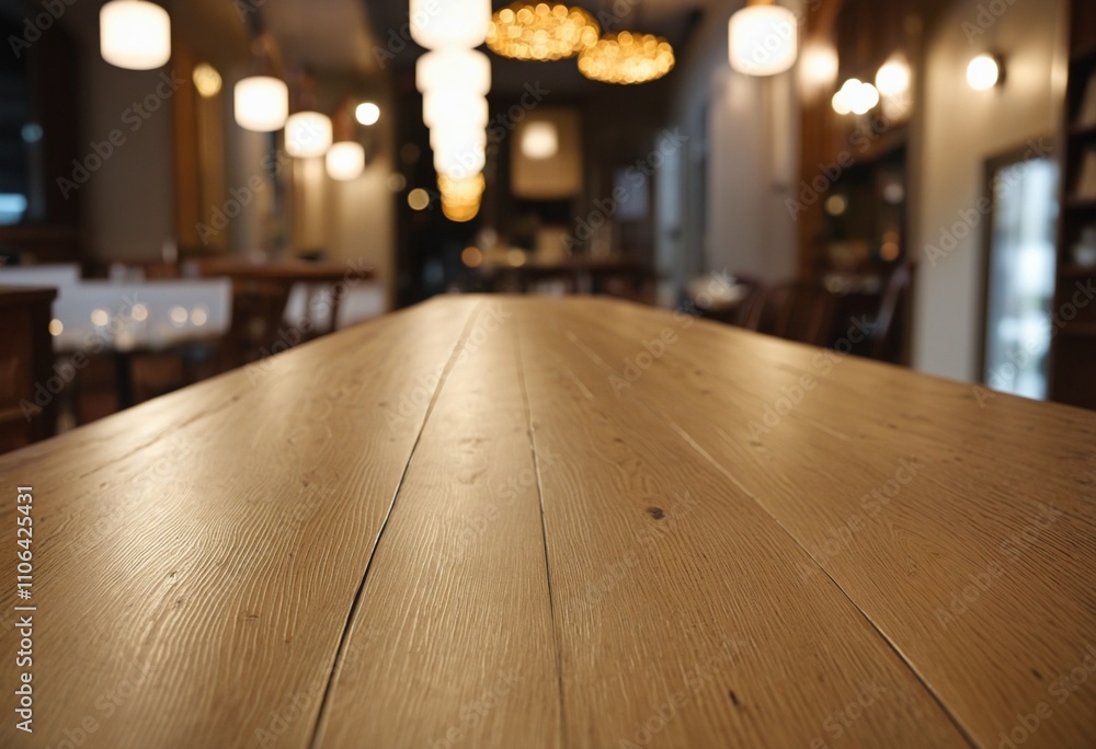 Poster elegant bokeh background with empty wooden table top in a cozy café setting
