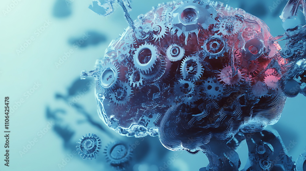 Poster conceptual illustration of a brain made up of gears and cogs symbolizing problem-solving innovation 