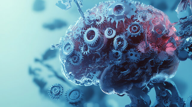 Conceptual illustration of a brain made up of gears and cogs Symbolizing problem-solving Innovation And mental agility in a technological context