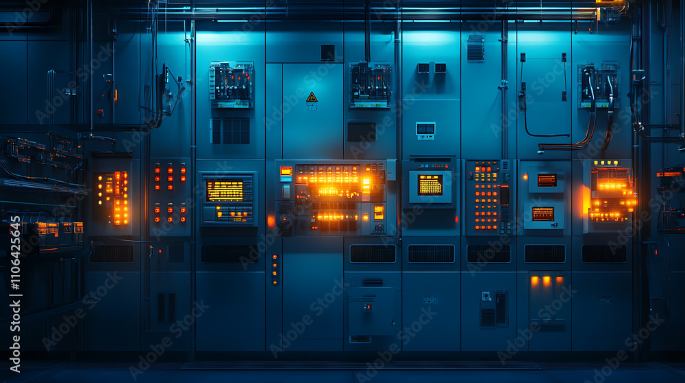 Poster electrotechnical switchgear for switching, control and distribution, main color dark blue