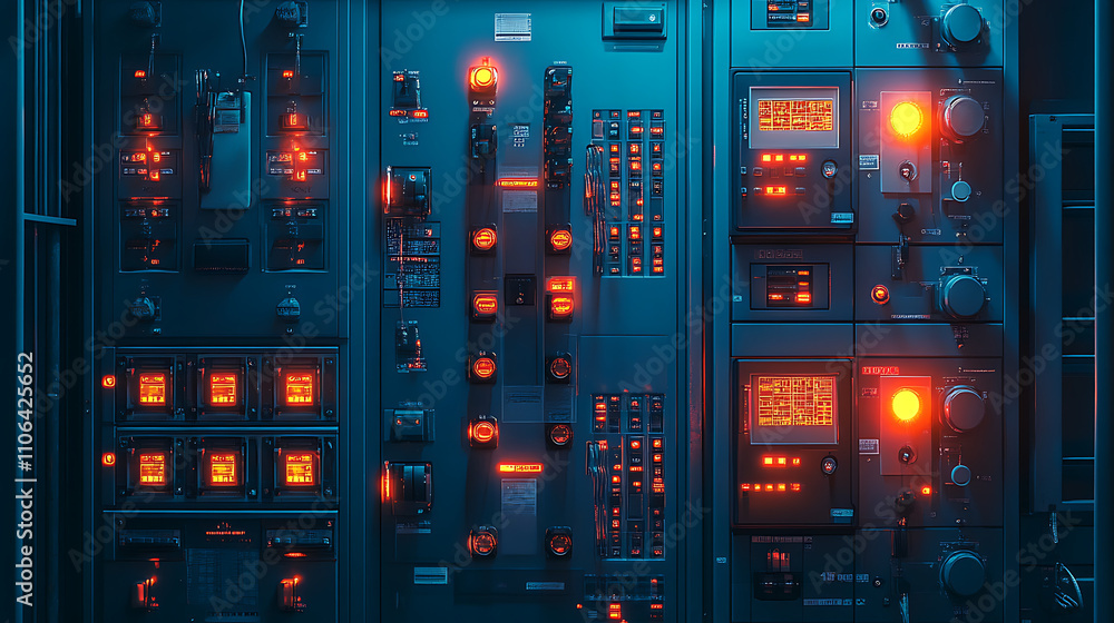 Poster electrotechnical switchgear for switching, control and distribution, main color dark blue